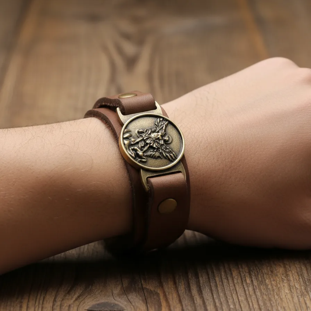 Pulsera de cuero marrón Sao Miguel Ov con botón