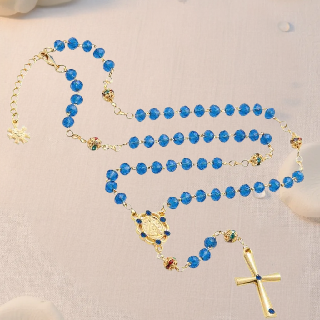 Our Lady of Aparecida Rosary Necklace - Adjustable Blue Crystal
