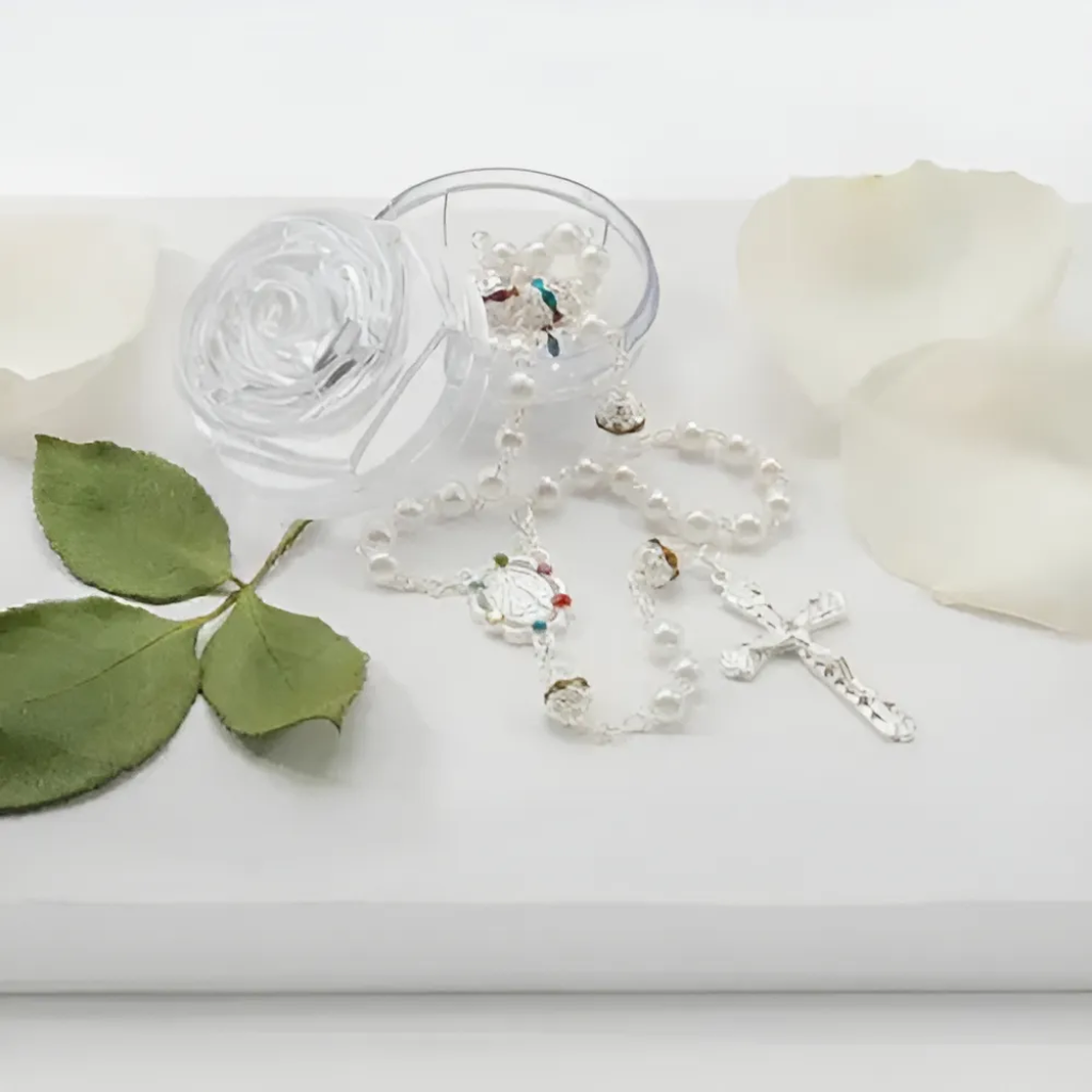 Our Lady Rosary with Rhinestones - White Pearl