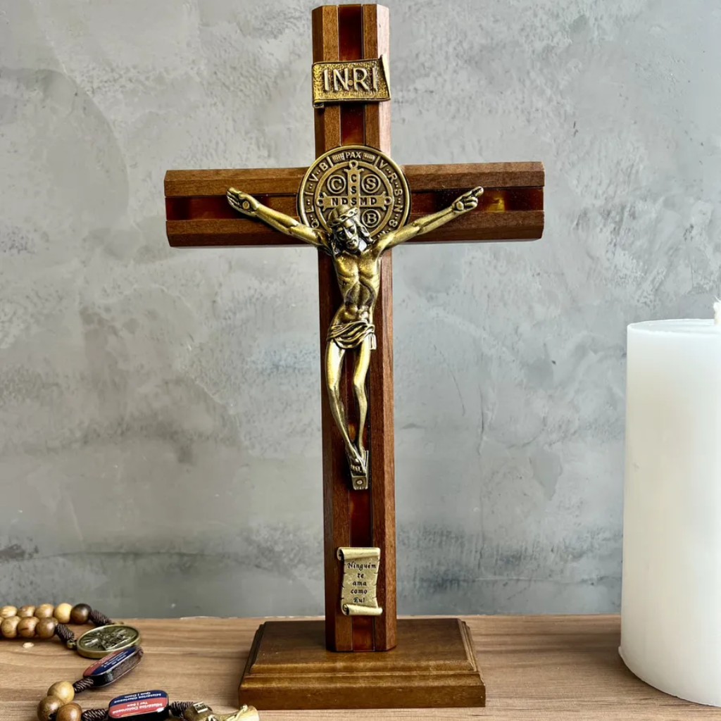 Crucifixo Mesa/Parede Madeira 26cm Mesclado
