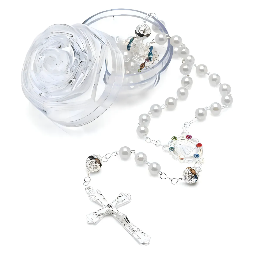Our Lady Rosary with Rhinestones - White Pearl