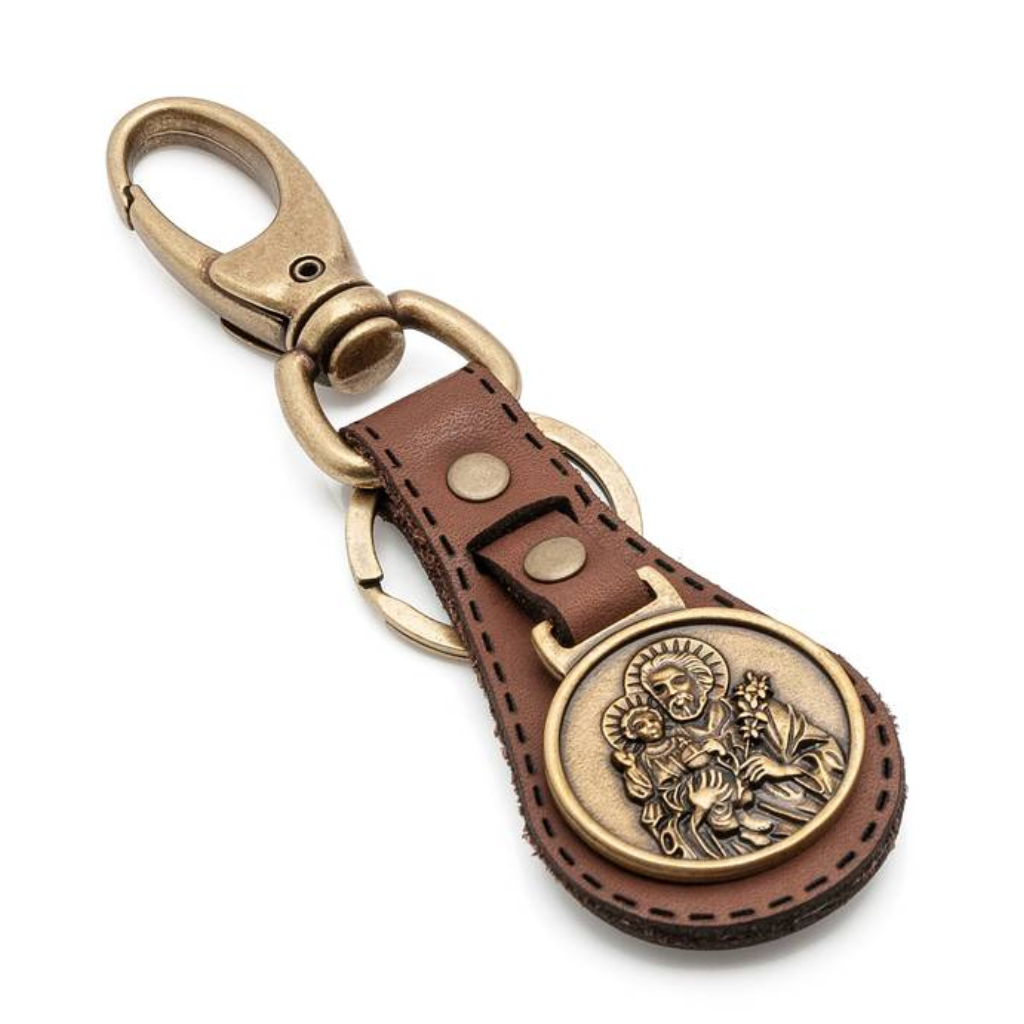 St. Joseph Keychain, Brown Leather, Luxury Antique Gold