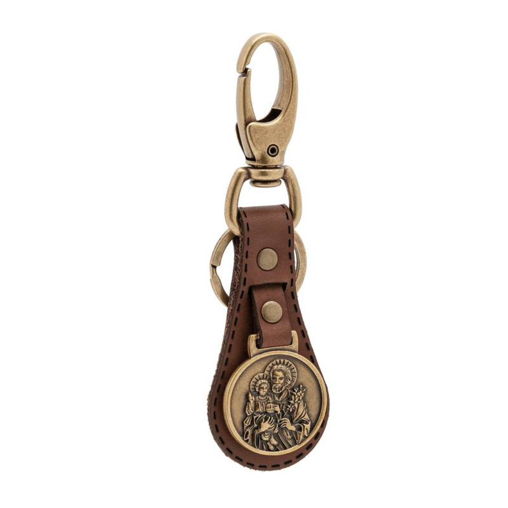 St. Joseph Keychain, Brown Leather, Luxury Antique Gold