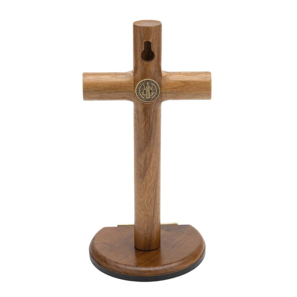 Crucifijo cilíndrico de madera para uso de sobremesa, 17 cm (¡He aquí el Cordero de Dios!)
