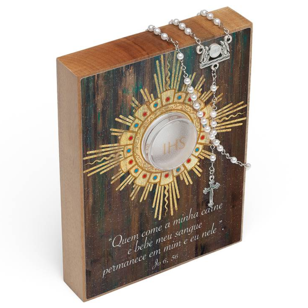 Eucharistic Souvenir Monstrance in Imbuia Wood with Rosary