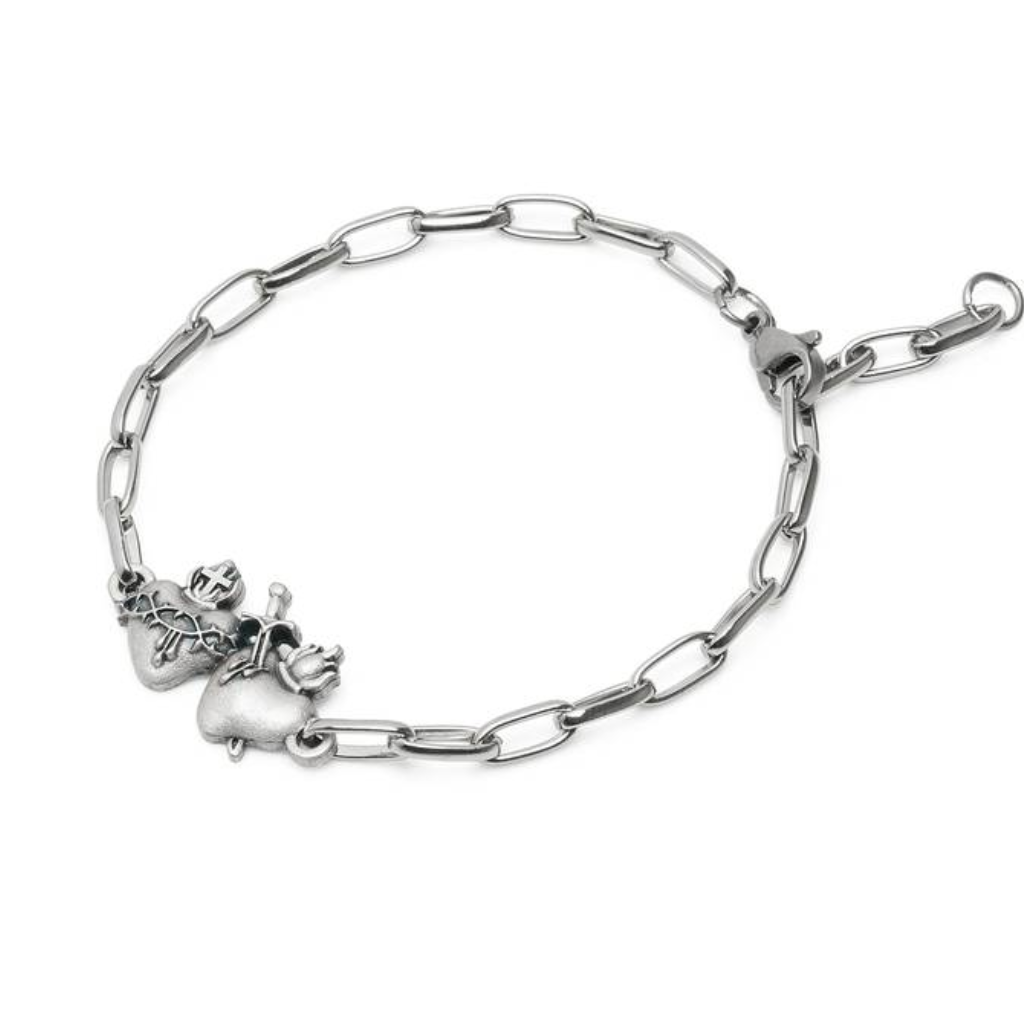 Pulsera de acero inoxidable con colgante Sagrados Corazones de Jesús y María.