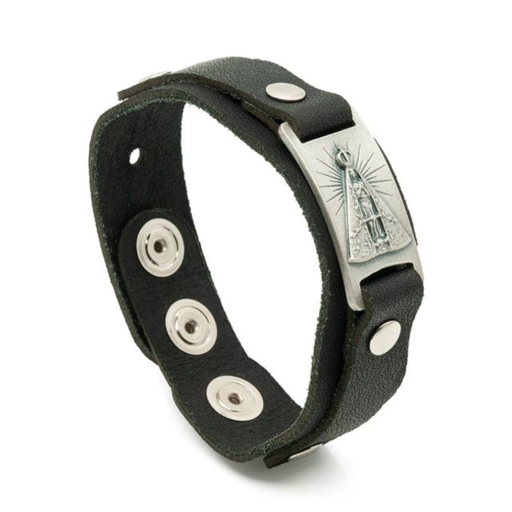 Pulsera ajustable de cuero negro con diseño de Nuestra Señora de Aparecida - Negro