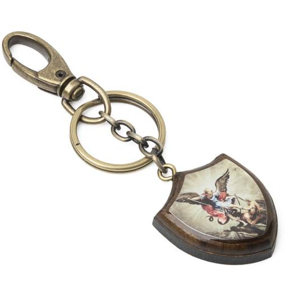 Llavero de madera con escudo de San Miguel y mosquetón