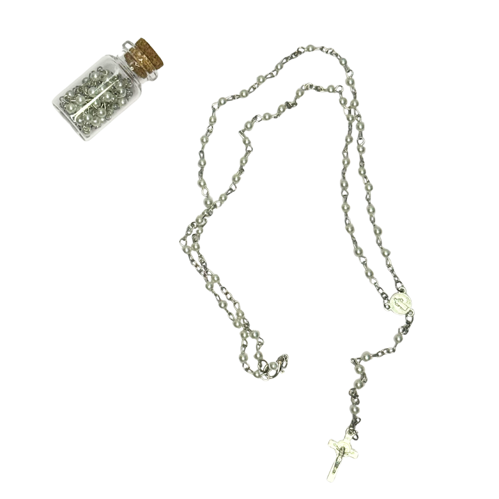 Rosario de perlas con frasco de vidrio