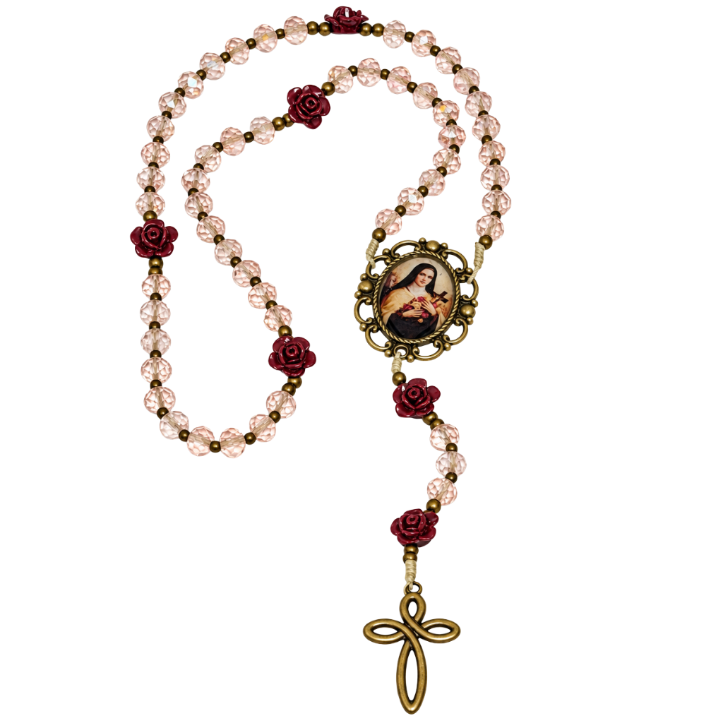 Kit Santa Teresinha com Gota de Pedras Rosas e Terço