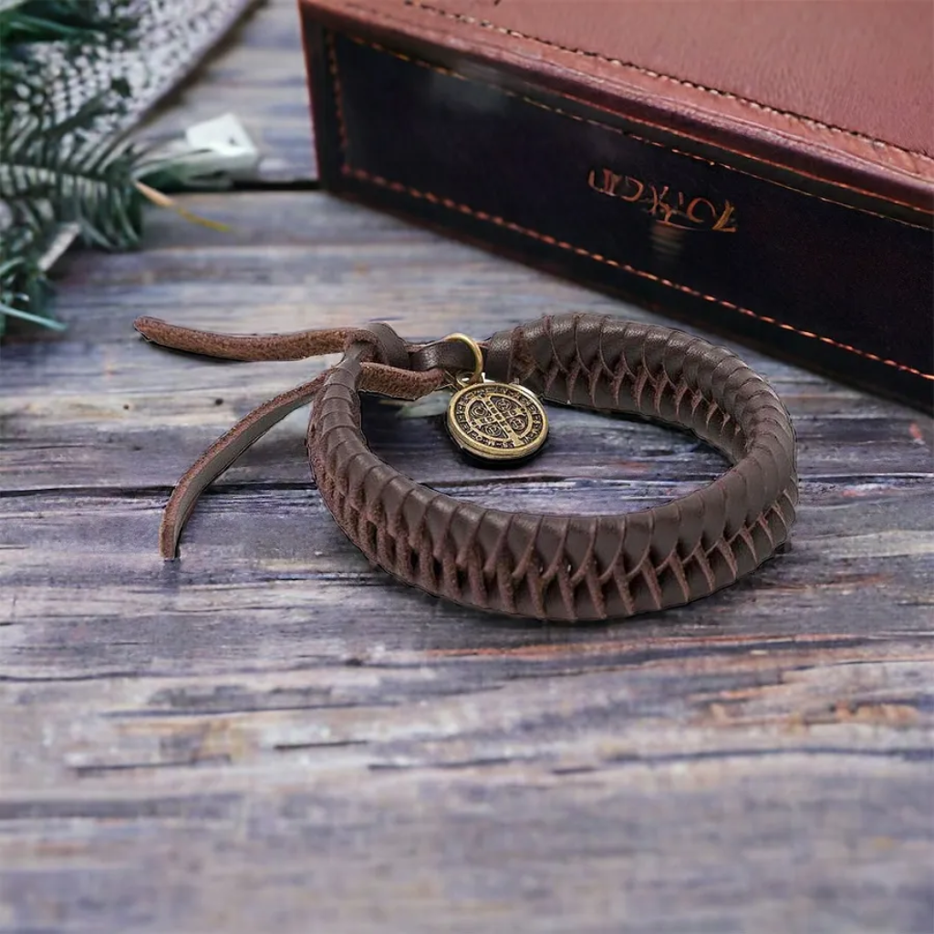 Saint Benedict Braided Leather Bracelet