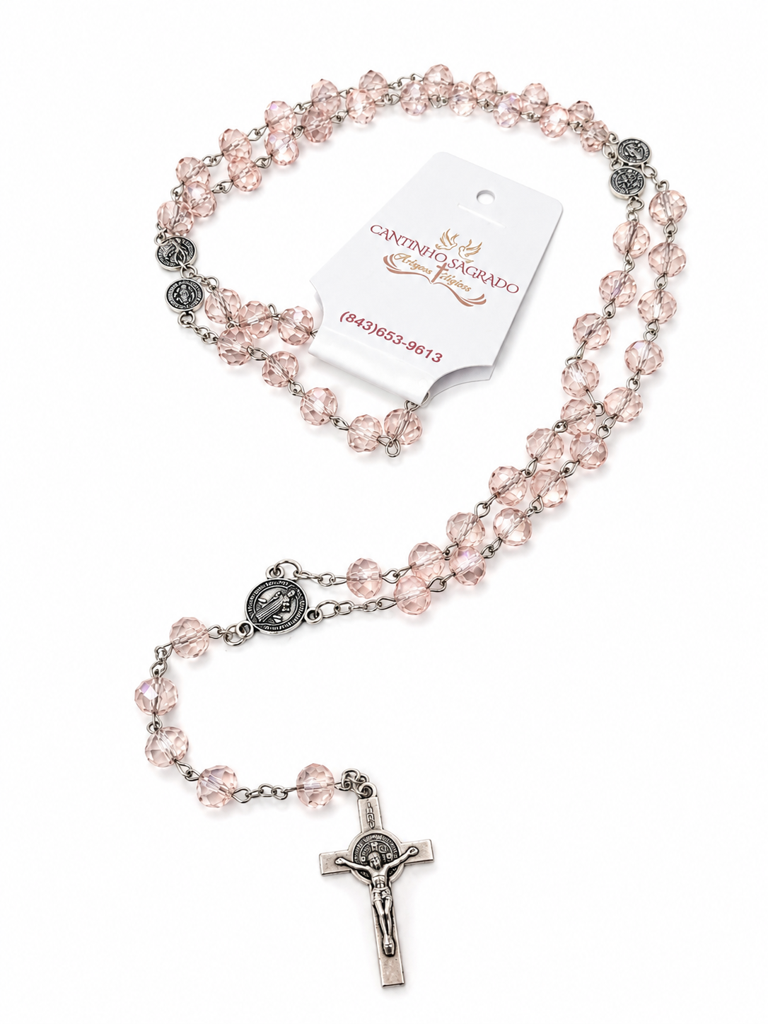 Terco De Cristal Com Medalha De Sao Bento - Rosa