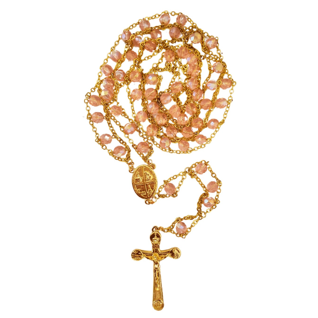 Terço de Cristal Rosa/Dourado