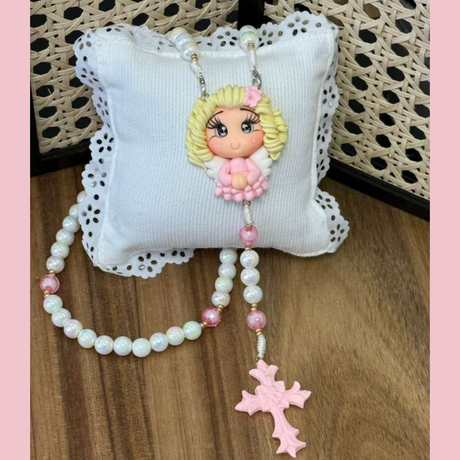 Terço Anjinha – Pérola Iridescente com Rosa