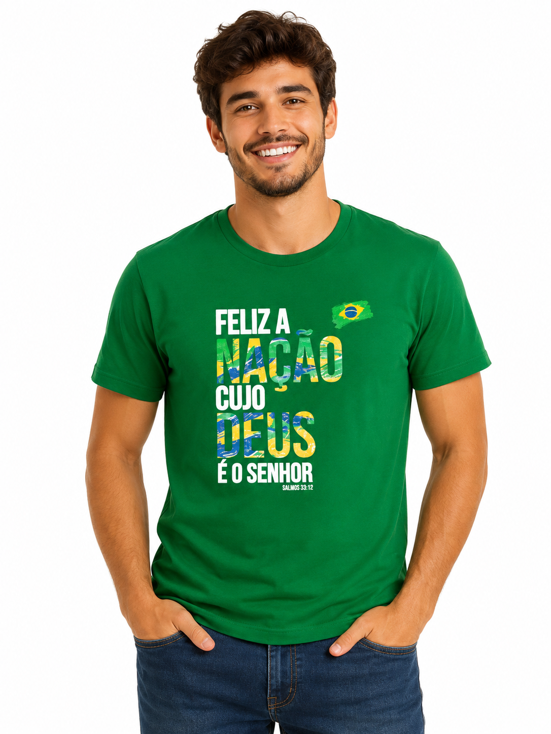 T-Shirt Masculina Feliz A Nacao Cujo Deus E O Senhor -Verde