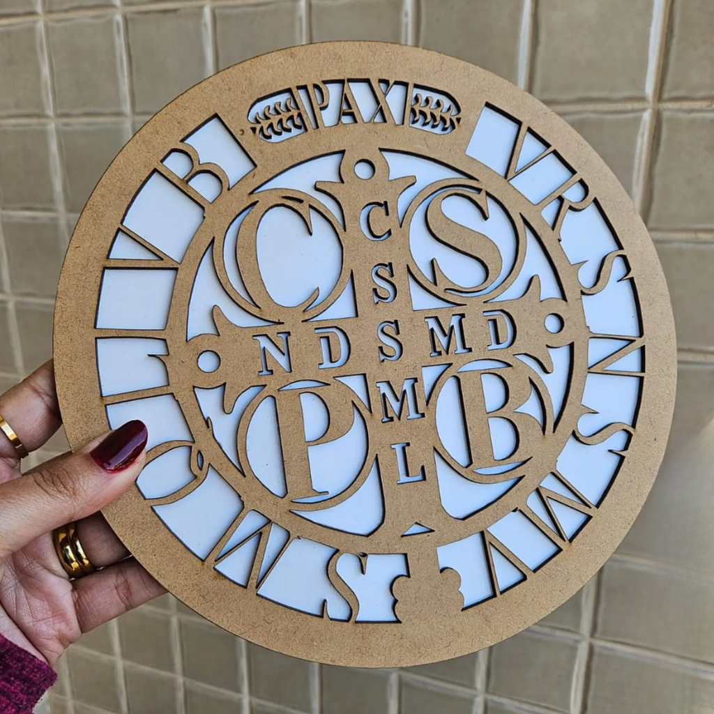 Saint Benedict medallion in natural MDF.