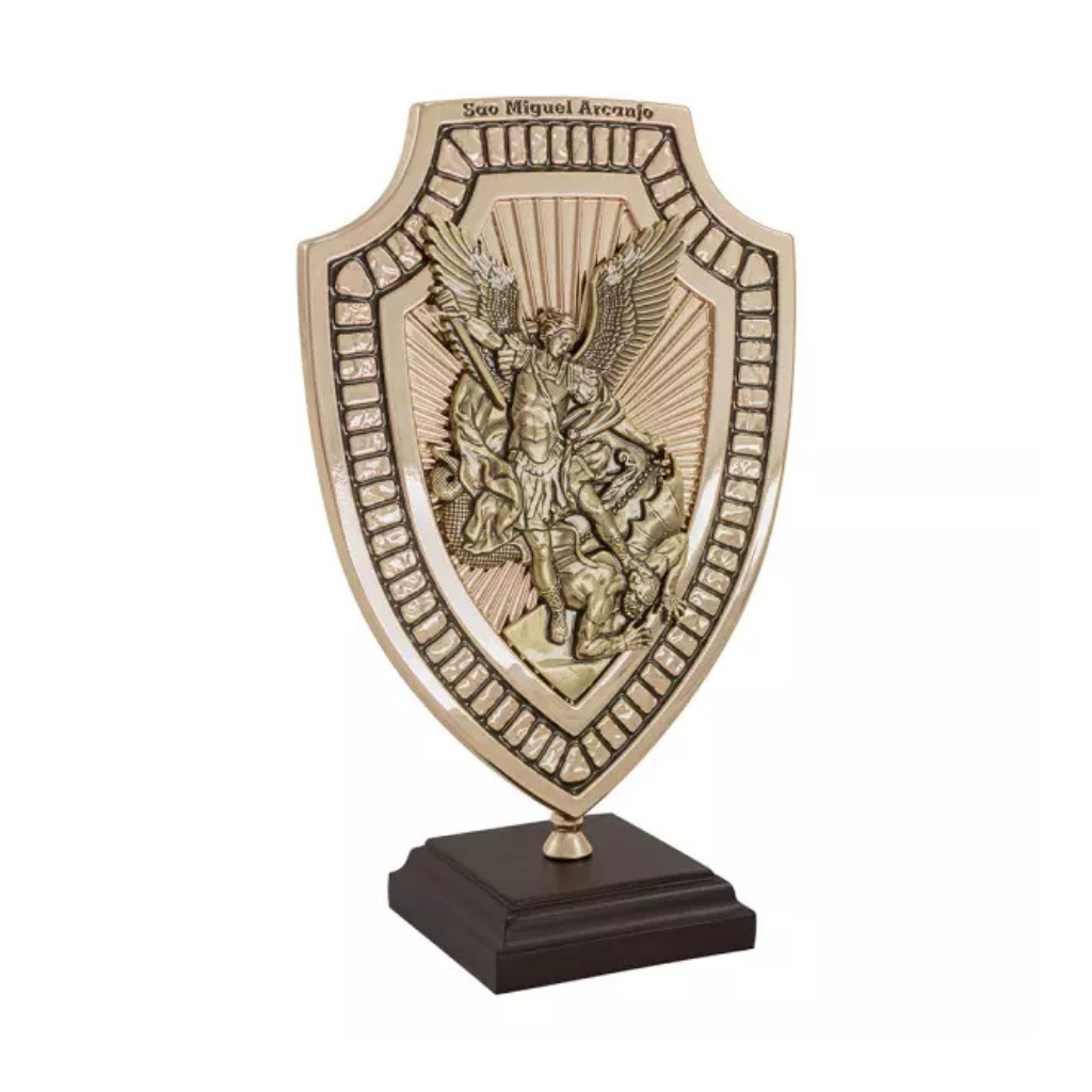 Adorno de São Miguel Arcanjo com Oração Dourado com Ouro Velho
