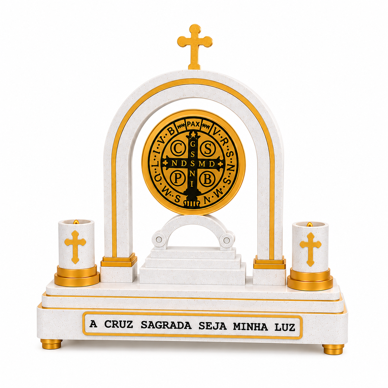 Altar Devocional de São Bento com Medalha e 2 Porta-Velas Decorativos