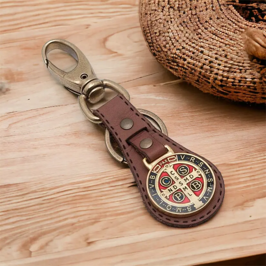 St. Benedict Brown Leather Keychain