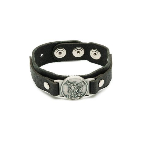 Black Genuine Leather Archangel Michael Bracelet - Adjustable