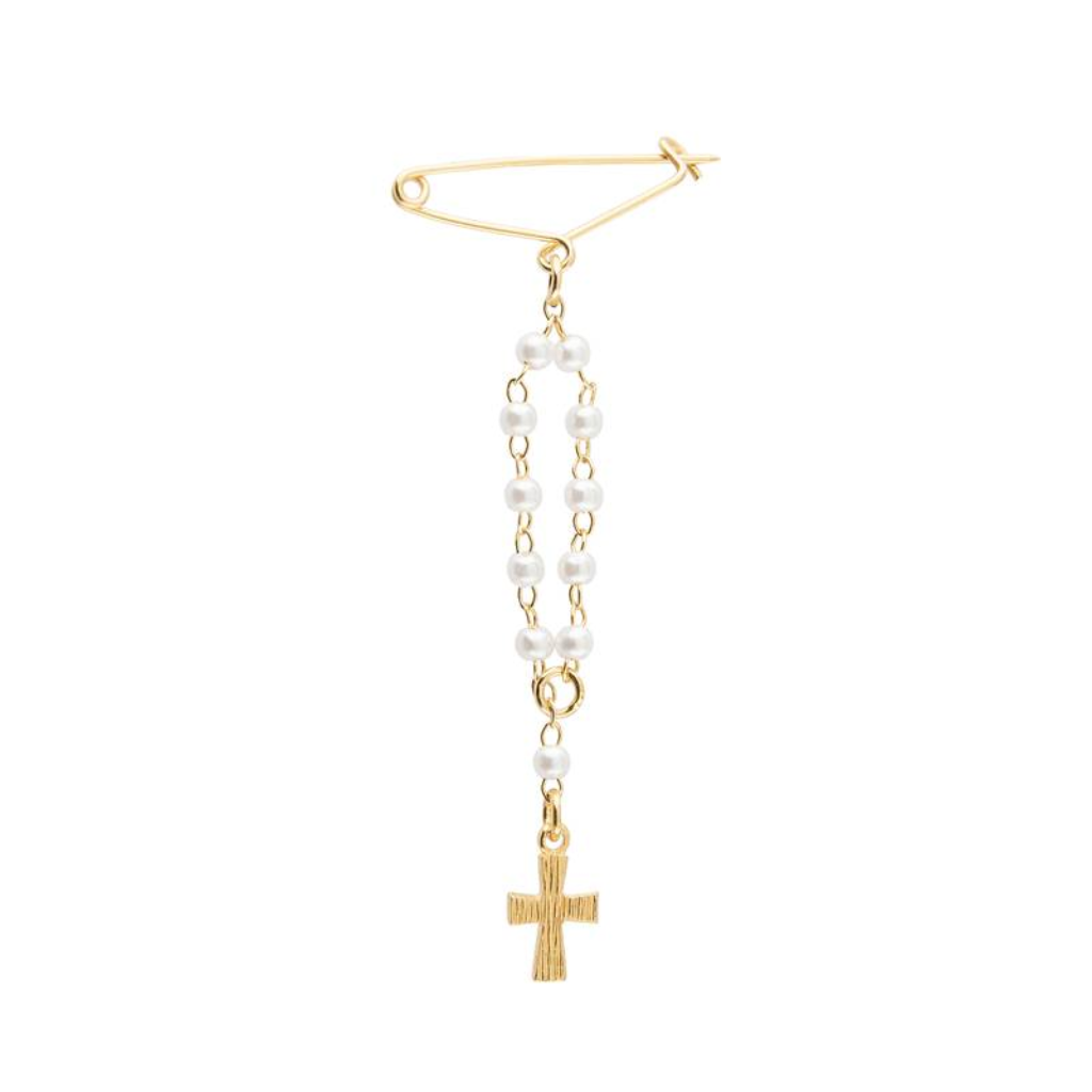 Brooch Rosary Cream Pearl Gold with Cross