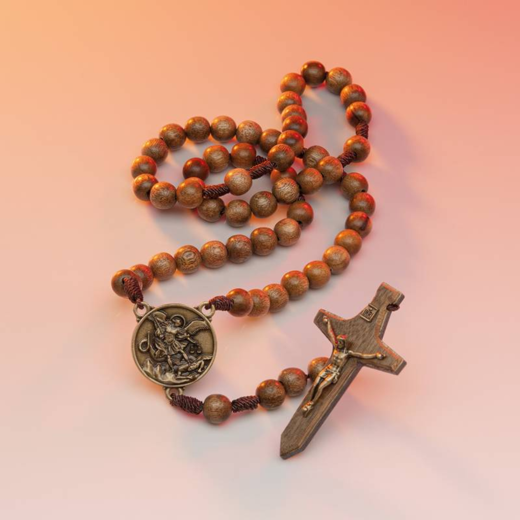 Saint Michael Rosary 10mm Imbuia Wood
