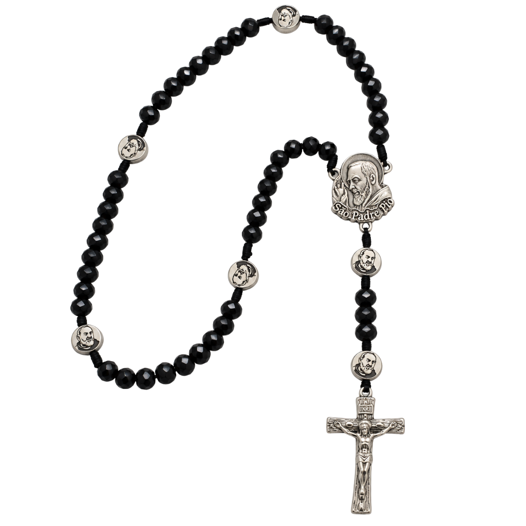 Terço de São Padre Pio Preto com Medalhas Prateadas