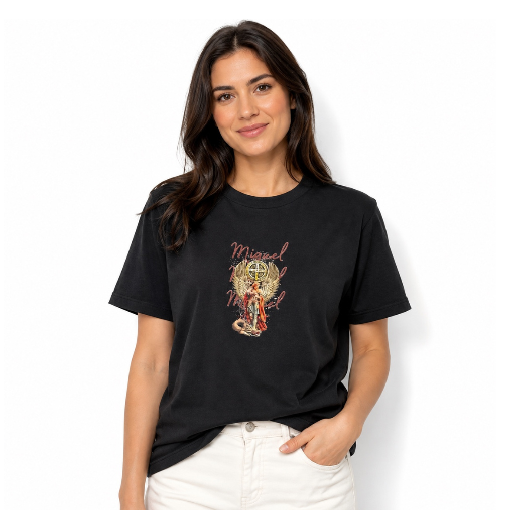 CAMISETA SAO MIGUEL COM MEDALHA DE SAO BENTO - UNISSEX