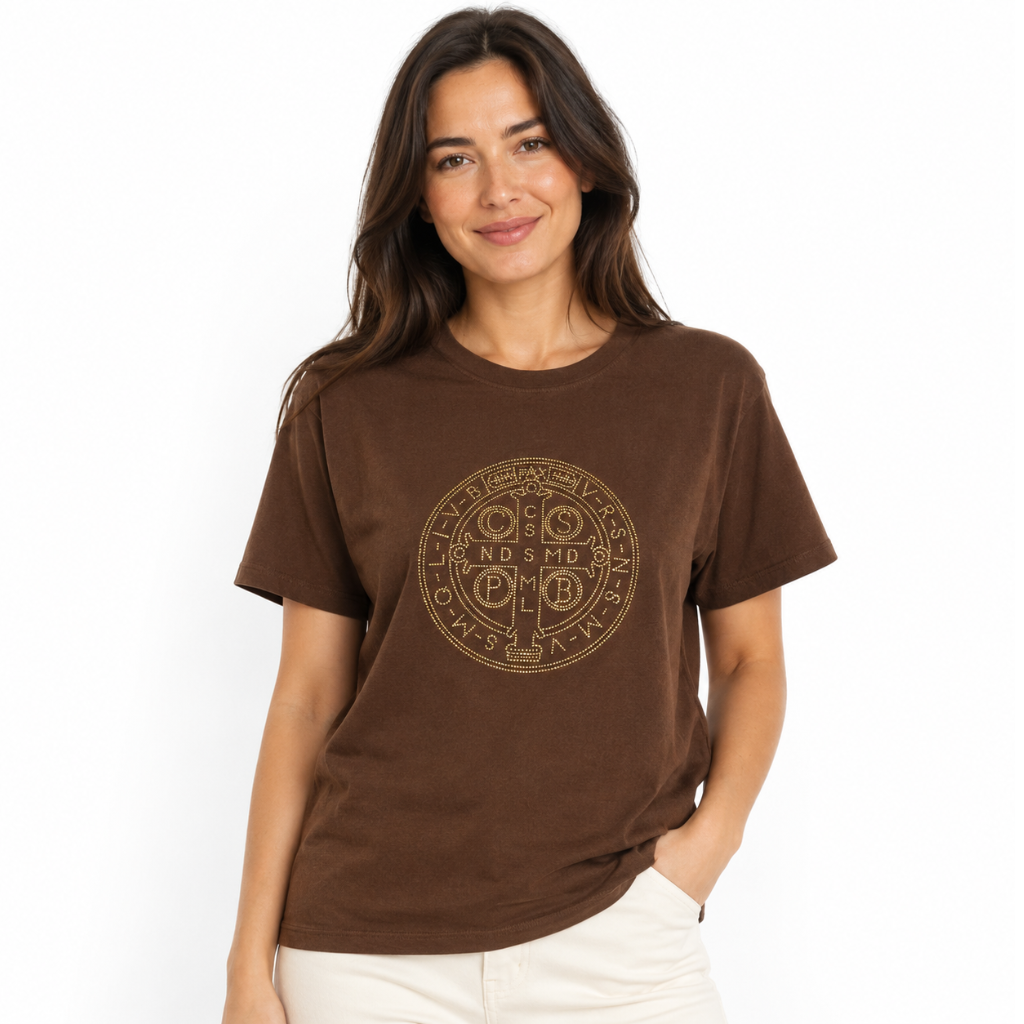 Camiseta Medalha De Sao Bento - Marrom