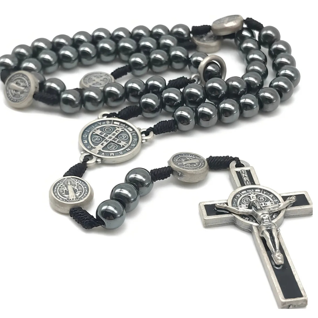 Hematite Rosary Necklace with Saint Benedict Necklace