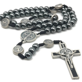 Hematite Rosary Necklace with Saint Benedict Necklace