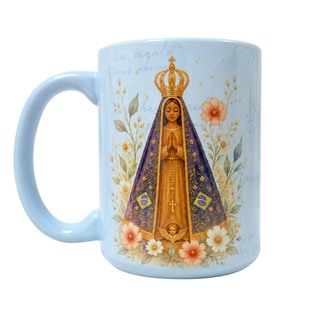 Caneca Nossa Senhora Aparecida Floral Azul