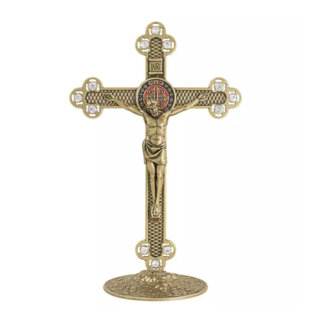 Crucifixo com a Medalha de São Bento Ouro Velho 25cm Com Strass