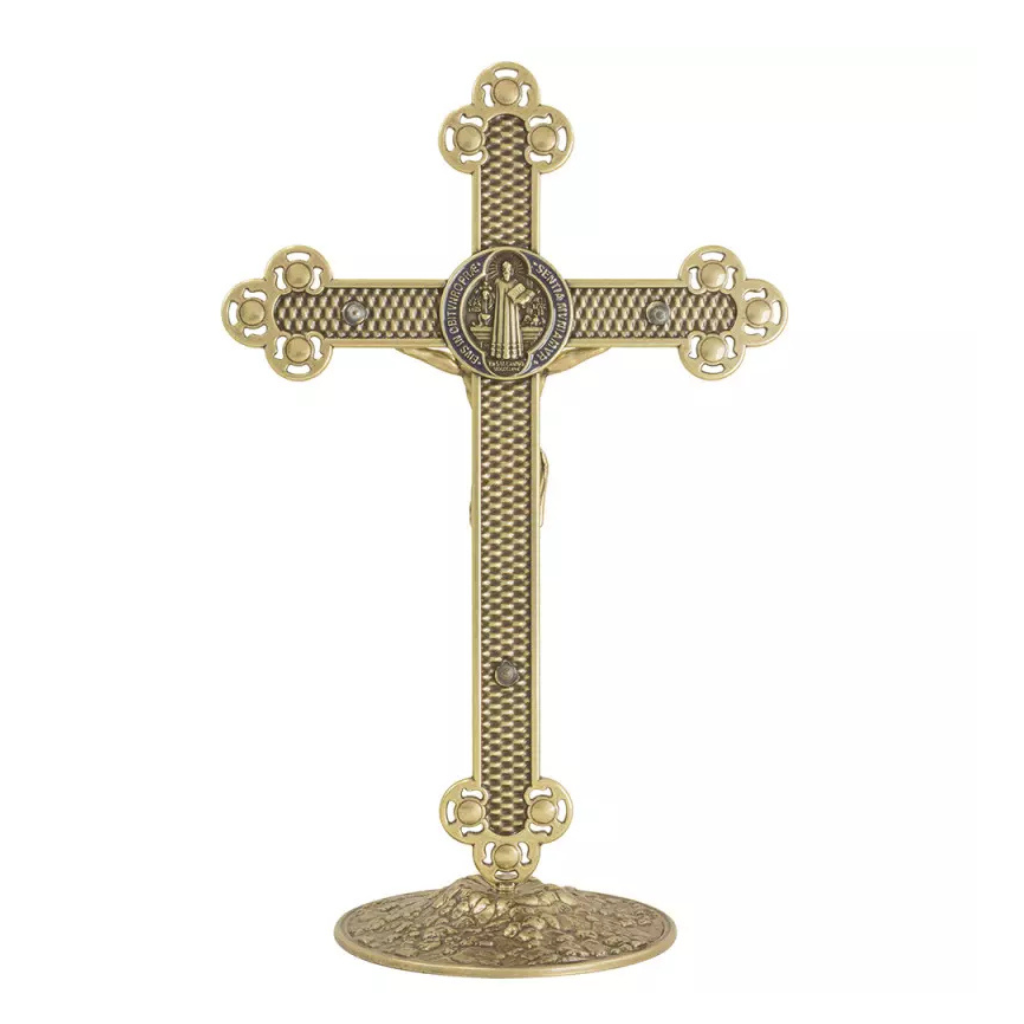 Crucifixo com a Medalha de São Bento Ouro Velho 25cm Com Strass