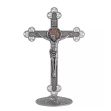 Crucifixo com a Medalha de São Bento Prata Velha 25cm Com Strass