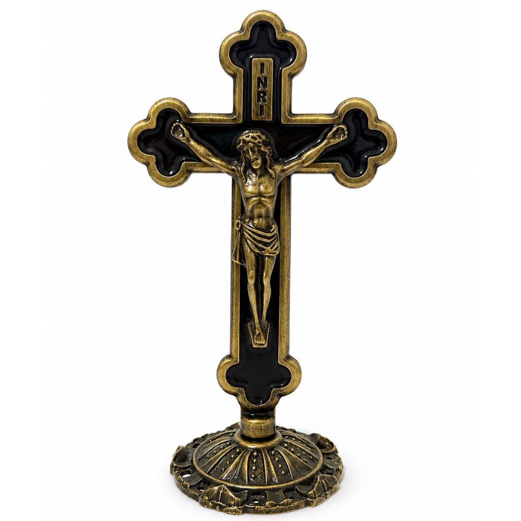 Crucifixo de Mesa Resinado - Jesus Cristo- Ouro Velho