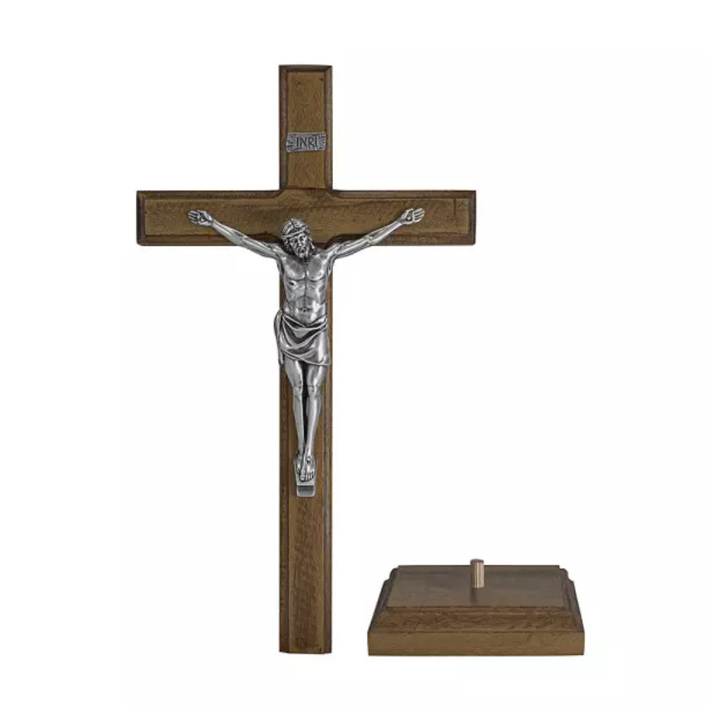 Crucifixo em Madeira Nobre Cristo em Metal Prata Velha 35cm
