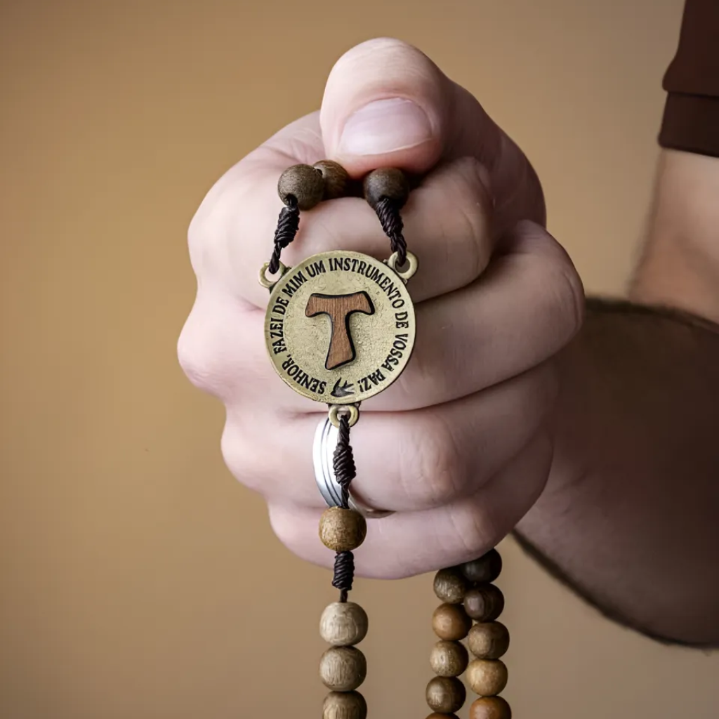 Terço Franciscanos Madeira - Votos E Saquinho Tecido