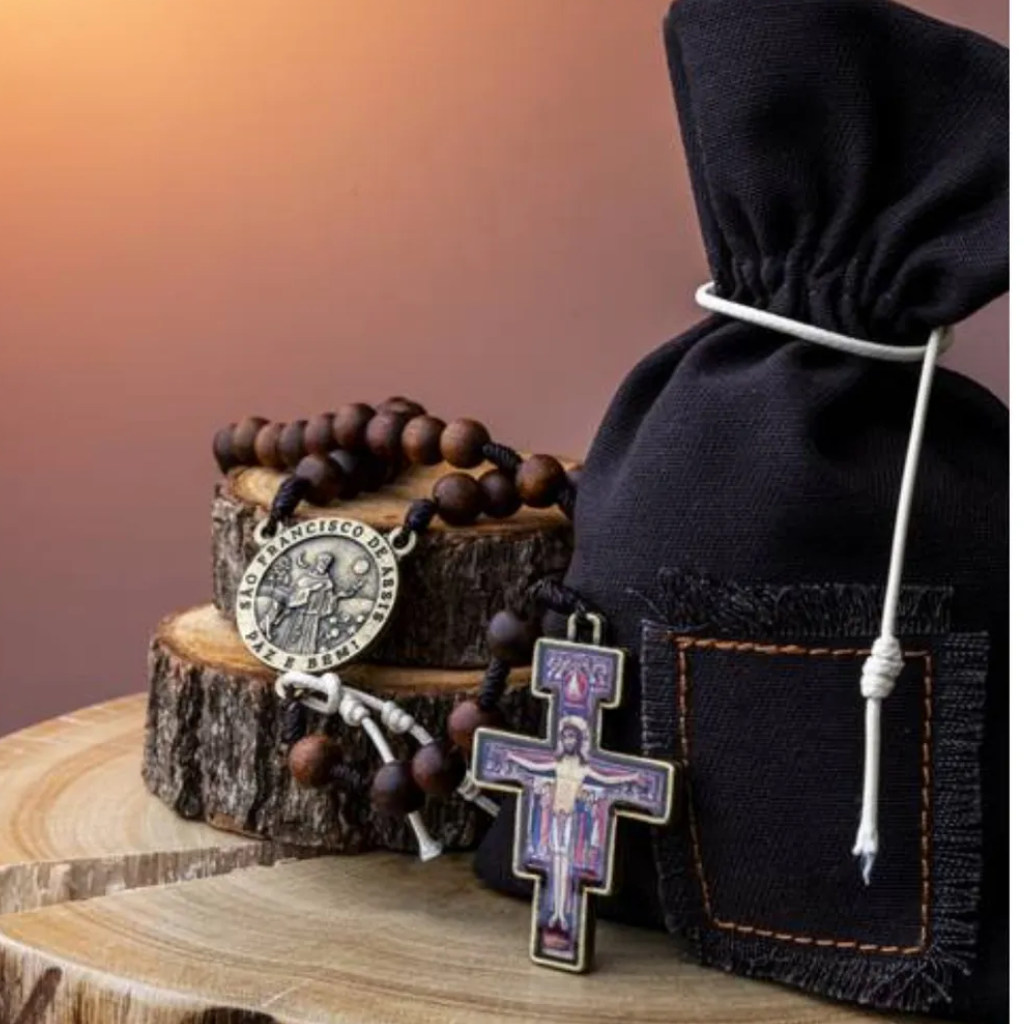 Terço Franciscanos Madeira - Votos E Saquinho Tecido