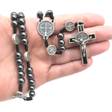 Hematite Rosary Necklace with Saint Benedict Necklace