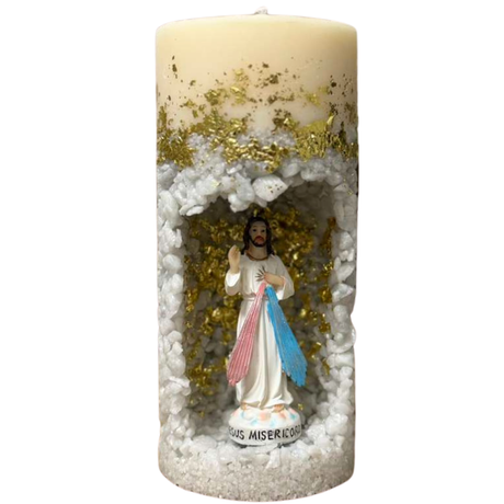 Vela Jesus Misericordioso – Artesanal Com Pedras e Detalhes Dourados