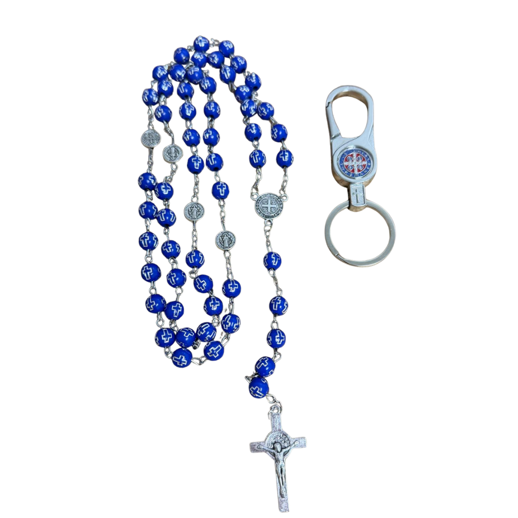 Kit Devocional San Benito Llavero Mosquetón + Rosario Azul