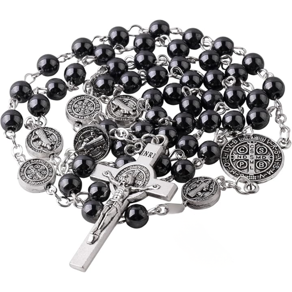 St. Benedict Hematite Rosary - With Box