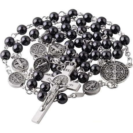 St. Benedict Hematite Rosary - With Box