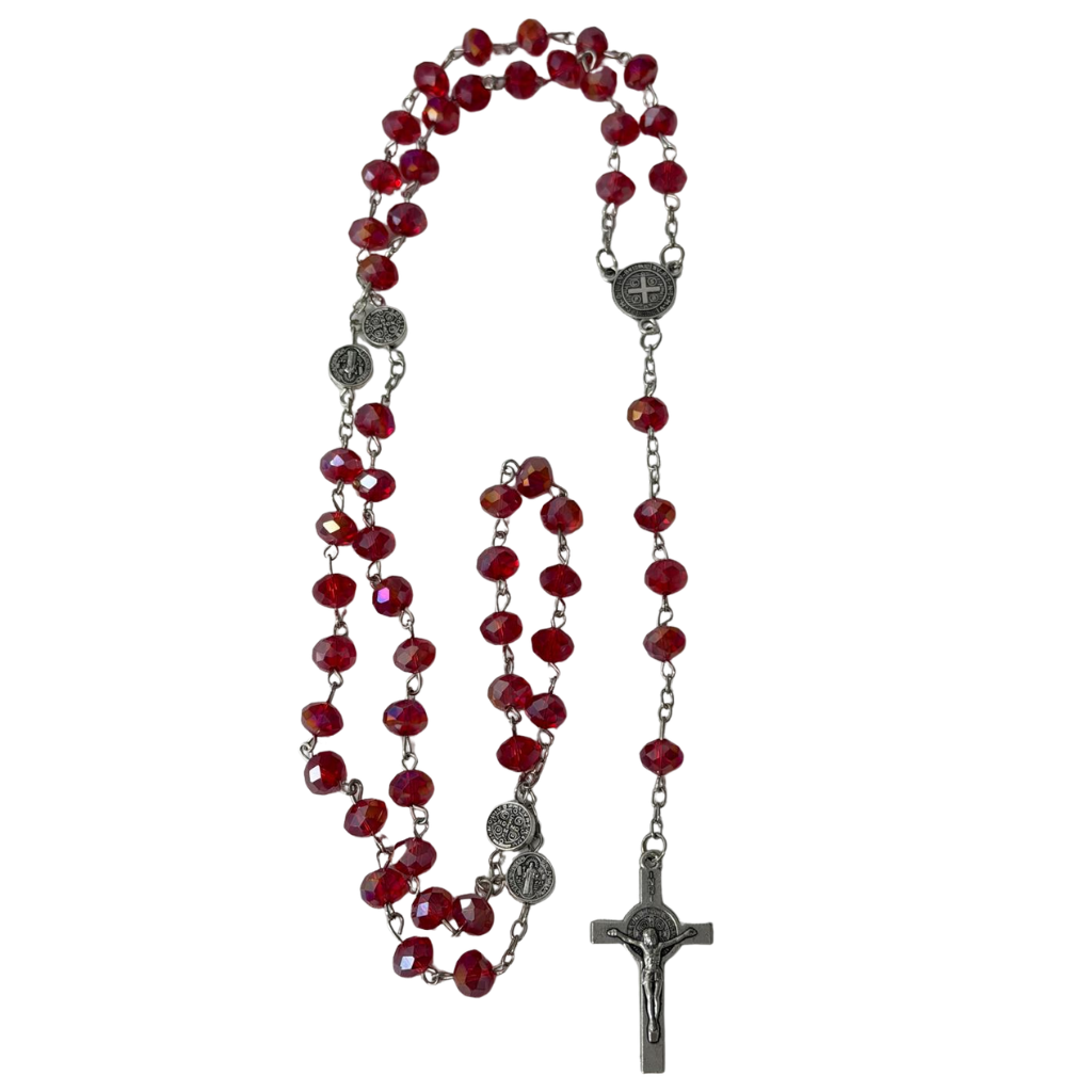 Crystal Rosary with Saint Benedict Medal – Red