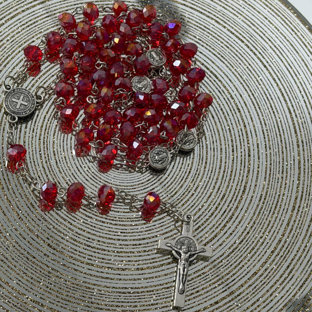 Crystal Rosary with Saint Benedict Medal – Red