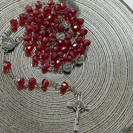 Crystal Rosary with Saint Benedict Medal – Red