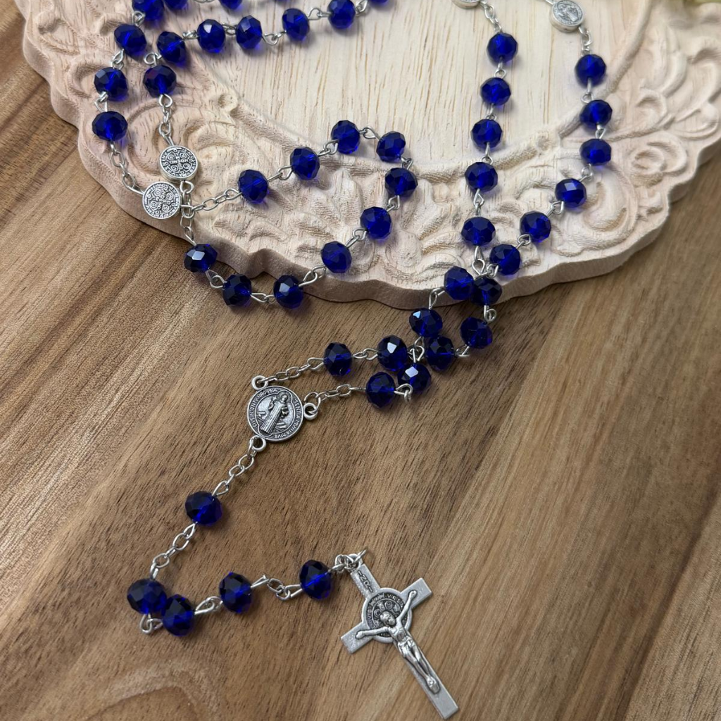Crystal Rosary with Saint Benedict Medal – Blue