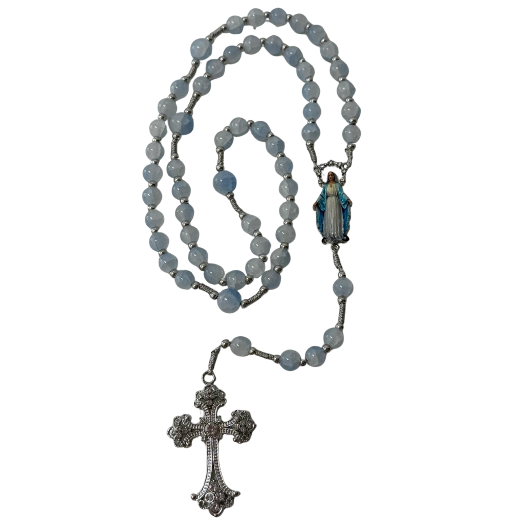 Crystal Bead Rosary with Our Lady of Graces – Light Blue