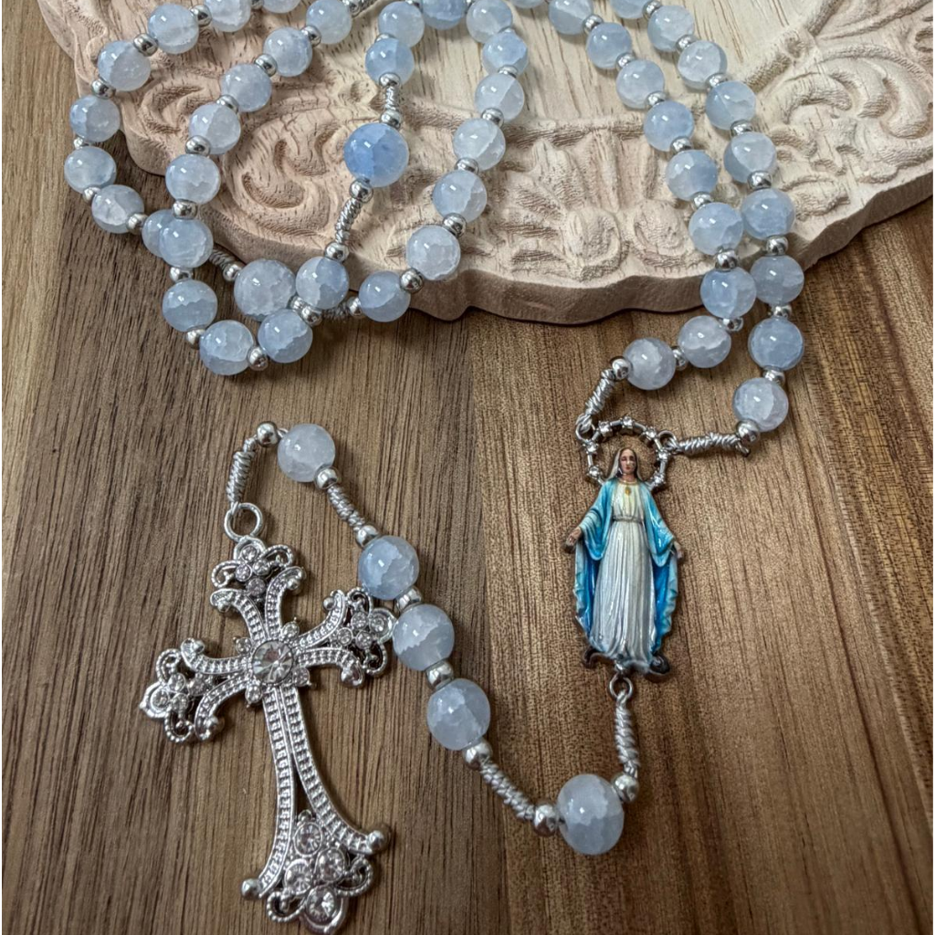 Crystal Bead Rosary with Our Lady of Graces – Light Blue